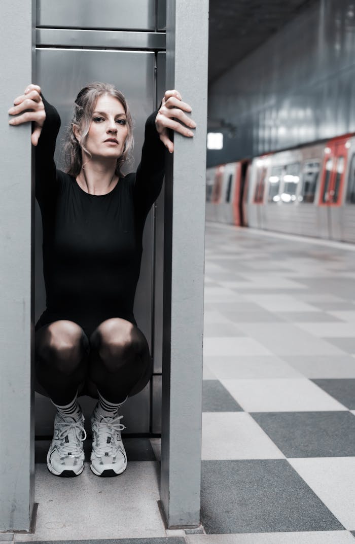 gallery-04 Young woman in subway station striking a pose, showcasing urban fashion.